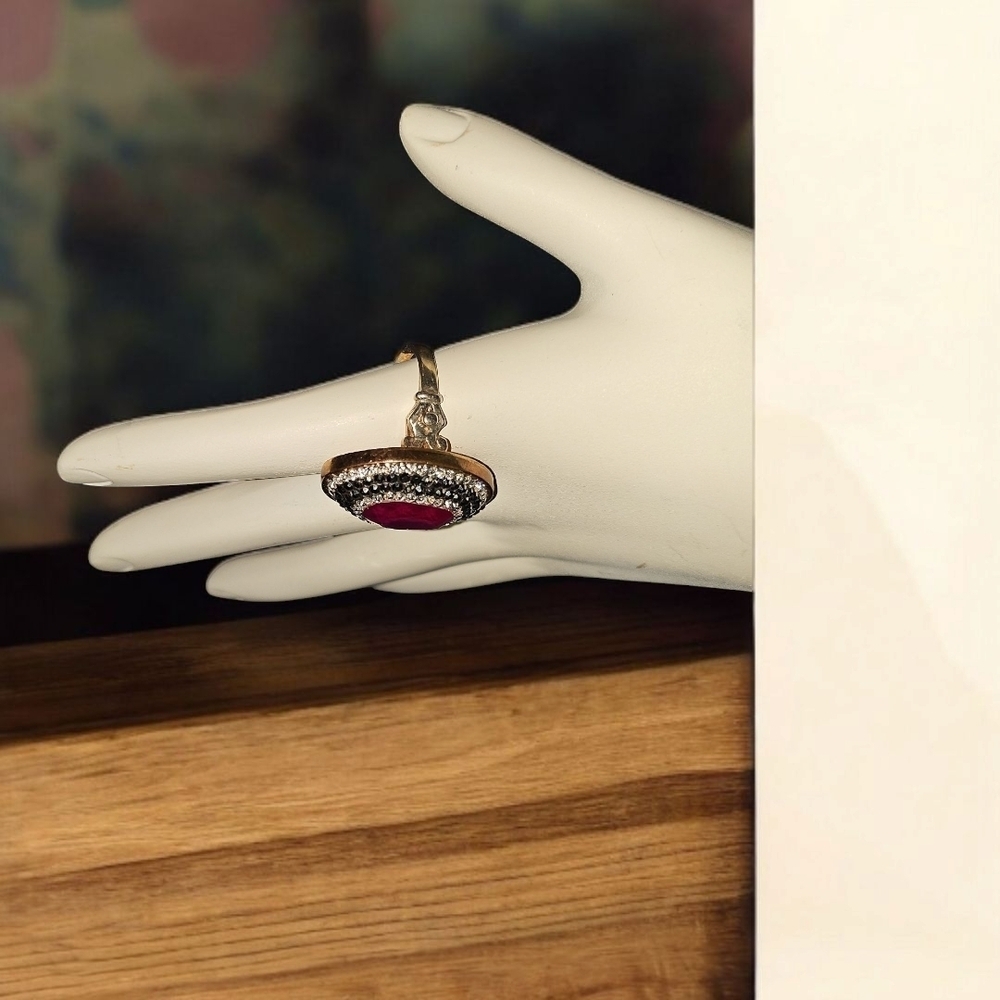 Sterling Silver Statement Ring w/Double Halo & Red Gemstone - Picture 3 of 6